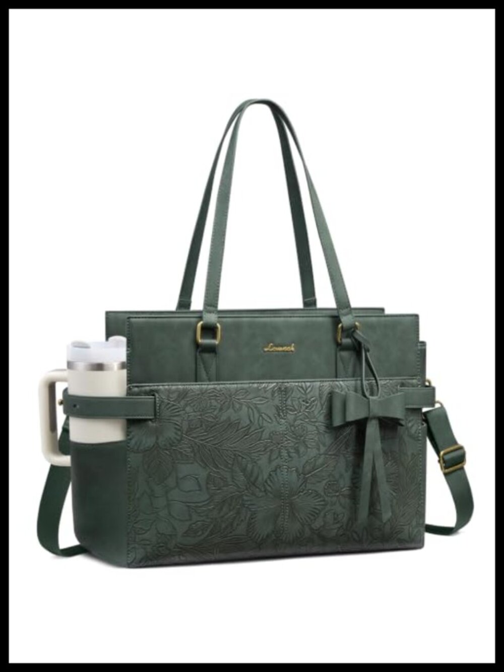 Women's PU Leather Structured Laptop Tote with Cup Holder, 3-Way Carry